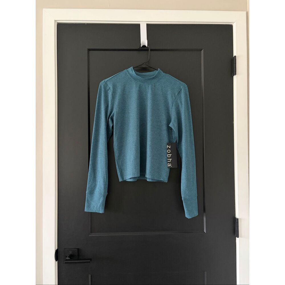 NWT Zobha Teal Blue Mock Neck Longsleeve Active Top Cropped Size M